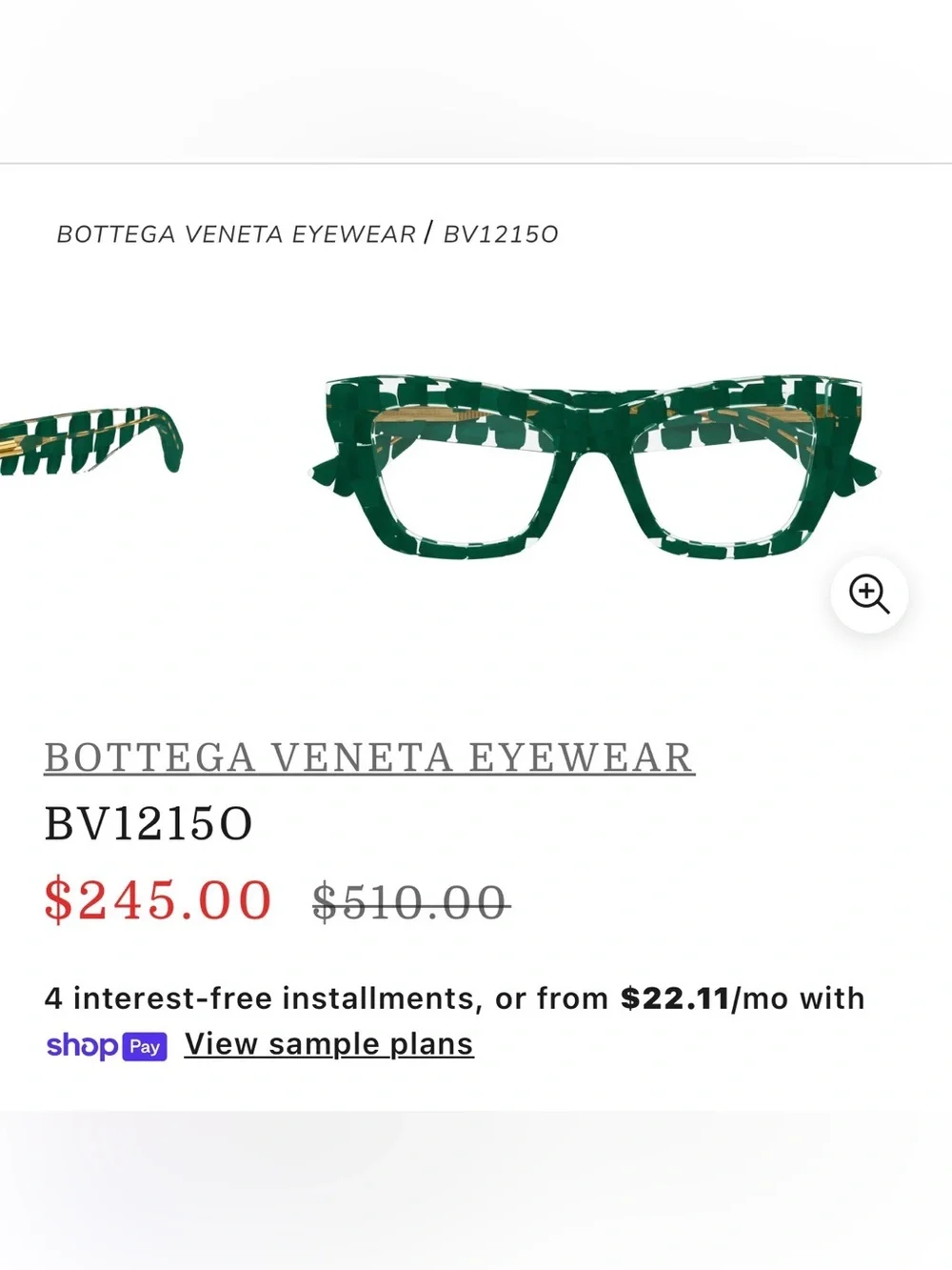 Bottega Veneta BV1215O Green Patterned Smart Glasses Frame - NEW